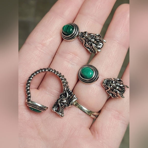 Malachite Dragon Ring. Adjustable Mens Crystal Jewlery. - Picture 2 of 4